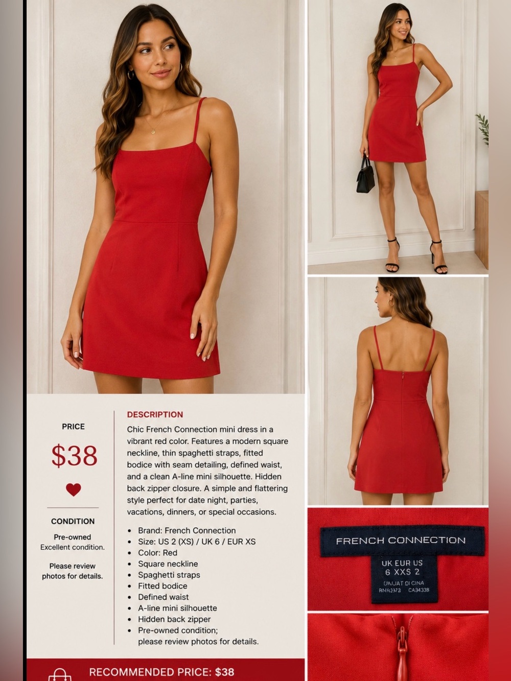 French Connection Red Mini Dress Size 6 XS Spaghetti Strap Square Neck
